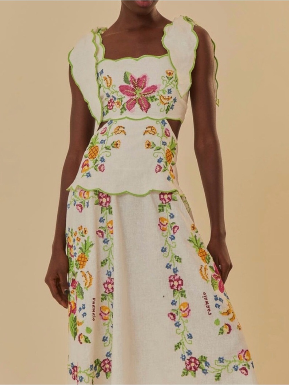 Farm Rio Tropical Romance Ivory Embroidered Floral Cutout Dress with Green Trim
